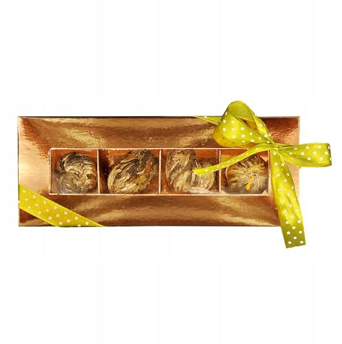 Winoszarnia Blühender Tee Geschenk-Set – Weihnachtliche Pralinenschachtel mit 4 Sorten Erblüh-Tee – Handgebundene Blütenbälle – Edles Präsent & Aromatisches Erlebnis