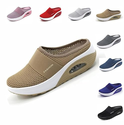 Dam Luftkudde Slip-on Promenadskor, Ortopediska Luftkudde Andningsbara Avslappnade Skor, Diabetiker Promenader Damskor, Sommar Vandringsskor Kvinnor 36-43EU, Khaki, 39 EU