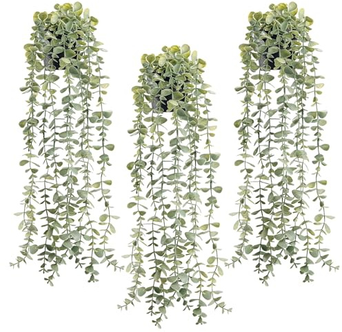 Der Rose 3 Piezas Plantas Falsas Colgantes Decoración Artificial Plantas de Eucalipto en Maceta Falsas para Baño Boho Hogar Oficina Escritorio Estante de Pared Estantería Accesorios Decoración