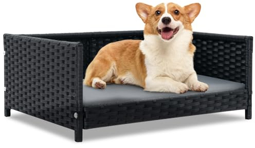 SOARS Hundebett Rattan, Hundekorb mit Kissen, Bezug abnehmbar und waschbar, erhöhtes Hundesofa für kleine und mittelgroße Hunde, Hundecouch für drinnen und draußen, 62 x 46 x 25 cm