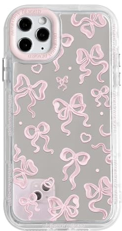 NITITOP für iPhone 11 Pro Max Hülle Spiegel Schleife Liebe Herz, Blass Rosa | Süßes Bow Fliege Muster, für Frauen Mädchen, Glitzernd Design, mit Buntem Rahmen, Stoßfeste Handyhülle