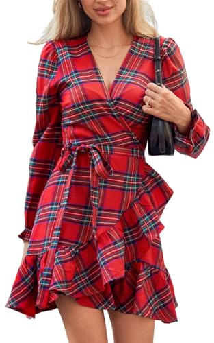 CUPSHE Abito autunnale scozzese rosso da donna con scollo a V e polsino a volant lungo manica blouson avvolgente con cravatta laterale mini abiti autunnali casual, Rosso, L