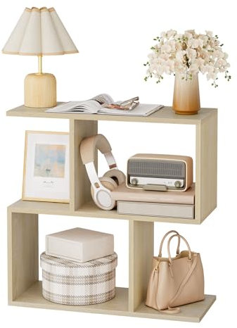 eSituro Beistelltisch S-Form, Couchtisch mit 4 Fächern, Nachttisch Wohnzimmertisch Kaffeetisch Telefontisch, kleiner Tisch für Couch Sofa Bett, 60x60x24 cm, helle Eiche