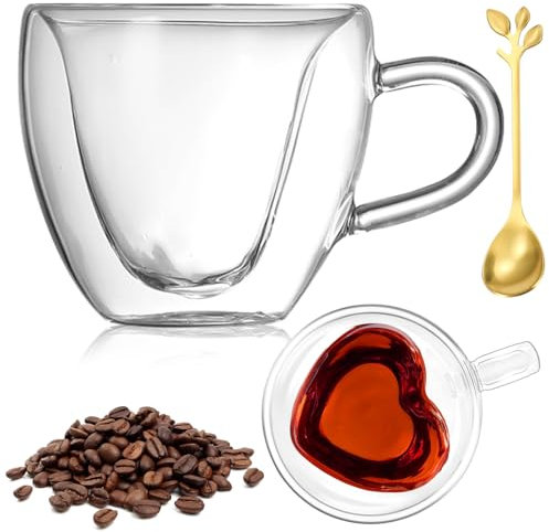 Yuragim Gläser Doppelwandige Kaffeegläser, 180ml Herz Tasse Kaffeegläser Doppelwandige Latte Macchiato Gläser Teegläser Tee Milch Kaffeetassen Glas Weihnachten Tassen für Geschenke Frauen Männer