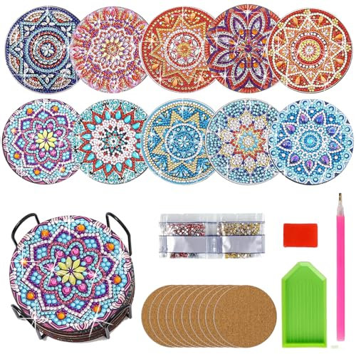 Diamond Painting Untersetzer mit Halter,10 Stück DIY Wiederverwendbare Diamant Mandala Tassenuntersetzer, mit Rutschfester Korkbasis Geeignet für Anfänger, Erwachsene