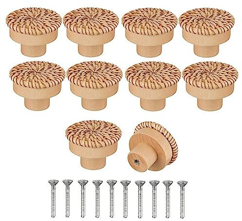 YUXITA 10 Stück Rattan-Holz-Kommodenknauf, Küchenschrank, Türgriff, Kleiderschrank, einfache Schubladenknöpfe, Möbelbeschläge