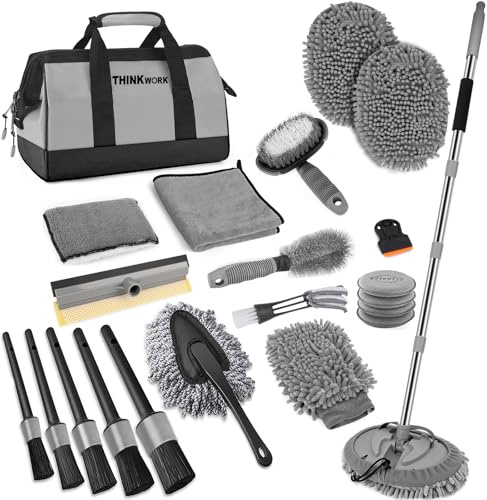 THINKWORK Autowaschset, Autowaschbürste mit langem Griff, ausziehbarer Autowaschbürstenwischer mit 2-in-1-Windschutzscheiben-Rakel und 9-teiligem Detailierpinsel, graues Auto-Detailing-Set, Geschenk