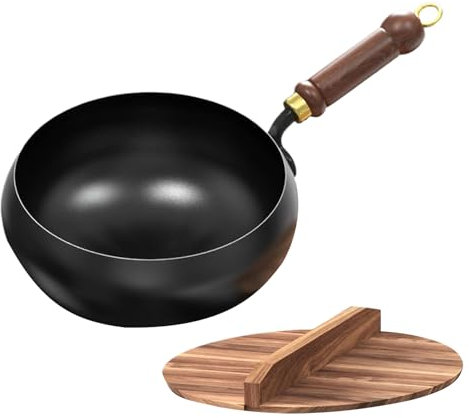 Wok Cinese Fatto A Mano Padella In Ghisa Con Coperchio E Manico In Legno Padella Antiaderente, 24 Cm Di Diametro, Metodo Tradizionale, Nessun Rivestimento Per Fornello A E Induzione