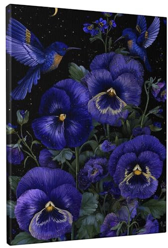 Spring Blue Hummingbird and Pansy Canvas Wall Art, Deep Violet Floral Prints, Nature Art for Living Room, Bedroom, Home Aesthetic Decor, Gift for Garden Lovers 16x20 Inch