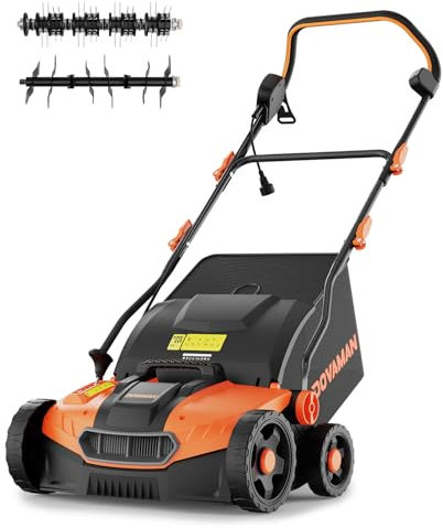 DOVAMAN DS16A 2-in-1 Scarificatore e Arieggiatore Elettrico, 1500W, 40cm Larghezza di Lavoro, 5 Regolazioni di Profondità, Pieghevole, Cesto da Raccolta 45L, Altezza Regolabile, Leggero