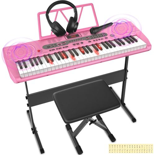Newfulam Keyboard Piano 61 Tasten für Anfänger, Digital Keyboard Kinder E-Piano Kit mit Notenaufkleber, Klavierbank, Kopfhörer, Mikrofon, Klavierständer, Lehrmodus