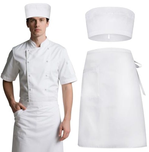 DiULi Köksförkläde, 2 st kockhatt och förkläde set med 1 fickor, unisex justerbara, professionella förkläden för kök, bistrot, bar, café, trädgård, Vit, Bianco-Taglia unica