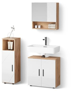 Livinity Badmöbel-Set Ronco Weiß Hochglanz/Goldkraft Eiche | 3 Teile