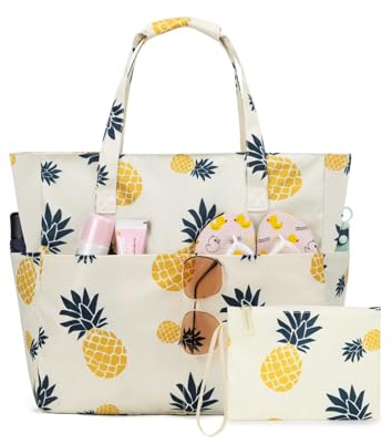 KABAQOO Sac de Plage XXL Famille avec Fermeture Éclair et Compartiment Humide Sac Cabas Piscine Femme Grand avec Multipoches Tote Bag pour Voyage Natation Shopping, Ananas