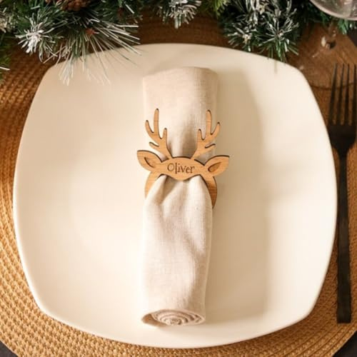 Personalisierter Weihnachts-Serviettenring aus Holz, personalisierbar, Namensschild, Platznamenhalter, personalisierte Tischdekoration (8 Stück)