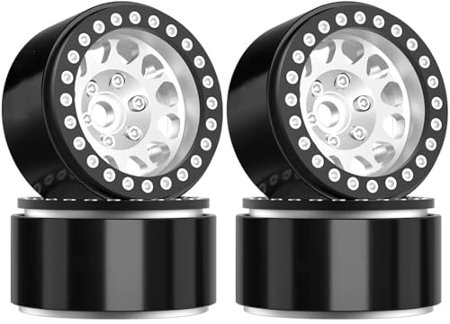 RC Car Tires Rims For Axial For SCX10 UTB10 For TRX4 For TRX6 For Redcat Gen7 Gen8 1/10 RC 1.9 Beadlock Wheels Offset 10.5mm Aluminum Rim Hub RC Crawler(Silver)