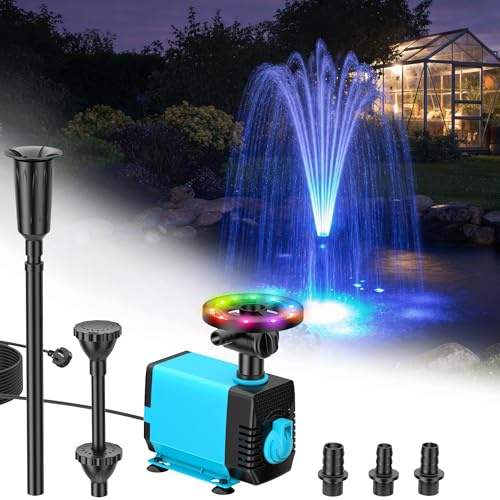 POPOSOAP Pond Fountain with RGB Lights - 40W Submersible Pump, 2100 L/h Flow, Adjustable Height & Water Flow for Day & Night Pond Decoration & Water Quality Improvement