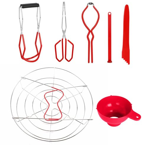 7Pcs Canning Jar Lifter - Stainless Kitchen Tool Kit, Safe Accessories, Compact Organizer Funnel Clamp Rack | Food Preservation Starter Set for Jars Pots Lids Home Cooking Supplies Water Bath