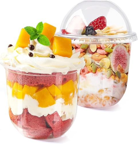 Fhintory 50 Pack Dessert Cups with Lid, 360ml/12oz Clear Plastic Parfait Cups, Cheesecake Pots, Reusable Dessert Cups for Pudding, Fruit, Mousse and Ice Cream