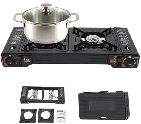 BTGSHYNM 63x26x12cm Tragbarer Campingkocher, 2-Flammig Outdoor Gaskocher | 2 Brenner je 2500W, Überdruckschutz, Unterstützung Butan oder Flüssiggas, Piezozündung, Inkl. Tragetasche, Camping Gas Kocher