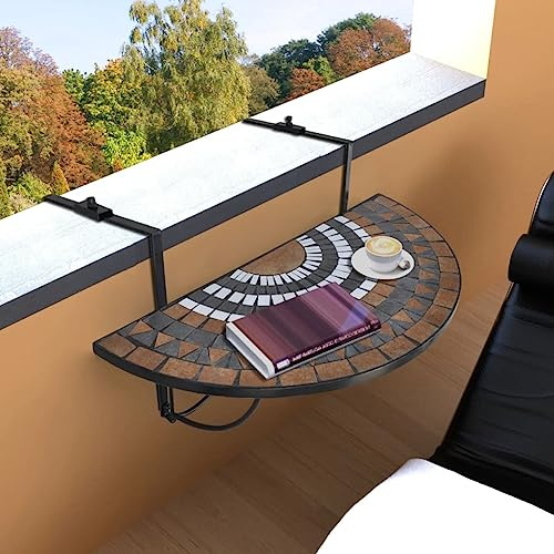 Holepyr balkonghängbord mosaik terrakotta vit halvcirkelformat med järnhållare, hopfällbart för balkong terrass uteplats, 76 x 38 cm förvaringsyta perfekt för trädgårdsfest grillning och kaffebord