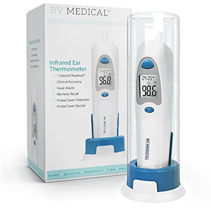 BV Medical Instant Fast Ear Thermometer for Adults, Kids, Toddlers, and Babies with 25 Probe Covers, Stand, and Cover for Clinic or Home