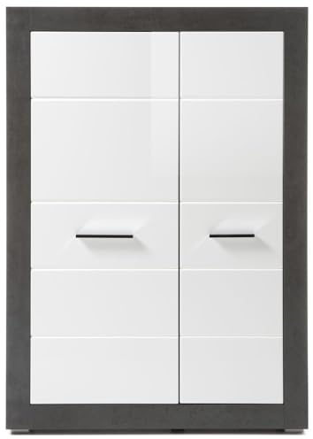 Lomadox Highboard Kommode in Hochglanz weiß mit Betonoptik dunkel