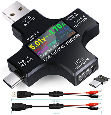 USB C Tester,KJ-KayJI 2 in 1 Tester Color Screen IPS Digital Multimeter(2024),Voltage,Cur,Pwr,Resistance,Elec,Temp,Capacity,Tme,Fast Charging,with USB Clip Cable Support PD2.0/PD3.0,QC2.0/QC3.0,BC1.2