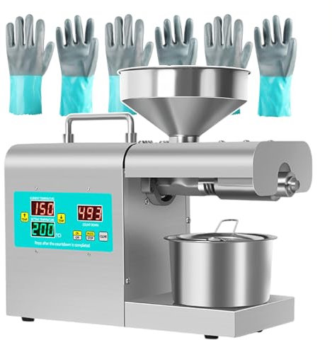 forplubossmmp Presse À Huile Automatique en Acier Inoxydable avec 4 Gants,Extracteur D'huile Commercial avec Panneau De Contrôle De La Température,Presse À Expulser l'huile De Noix pour Cuisine 820W