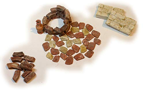 Krippenbausatz Genezareth – Set Brunnen – mit 10 Bodenfliesen (Sinai), Zwei 3-reihigen Modulen, 20 Bodenfliesen, 30 gerundeten Steinen, Einer Amphore und 20 Rechtecken (Ziegelrot)