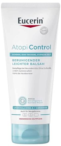 Eucerin AtopiControl Beruhigender Leichter Balsam 200 ml, Basis Hautpflege bei trockener und atopischer Haut, feuchtigkeitsspendende Körpercreme mit Ceramiden und Licochalcone A