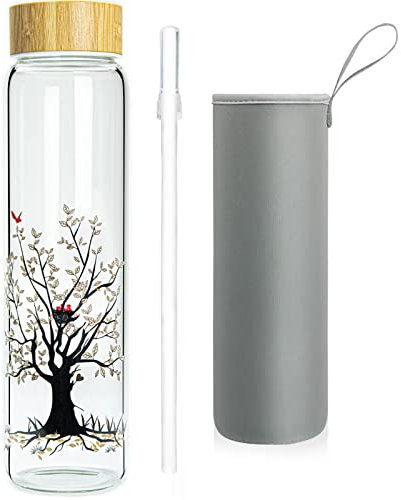 Ferexer Trinkflasche Glas 1l Wasserflasche Glas mit Bambus Deckel 1 Liter (Baum 1liter, 1000ml)