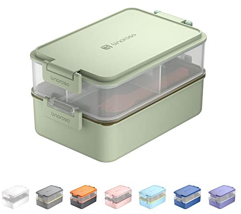 Linoroso Bento Lunch Box Boite Repas pour Adulte avec 3 Compartiment Lunchbox avec Récipient à Sauce et Ustensiles Micro Ondable et Lave-vaisselle, Sans BPA Comme Boîte à Sandwich Salade - Menthe Pâle