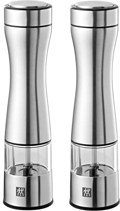 Zwilling Table Salz und Pfeffermühle elektrisch 2er Set, mit Deckel, Gewürzmühle Edelstahl gebürstet, elektrische Salzmühle Keramikmahlwerk