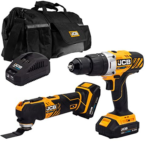 JCB 18V Cordless Combi Drill & Multi Tool, 2X 2.0Ah Battery, Fast Charger, 20 Power Tool Kit Bag, 3 Year Warranty