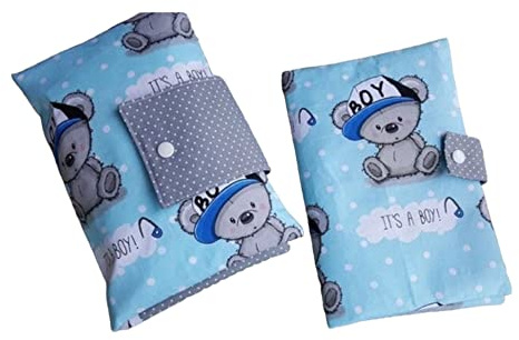 Set: Windeltasche und U-Heft-Hülle Teddy Bärchen blau grau Babygeschenk Geburt