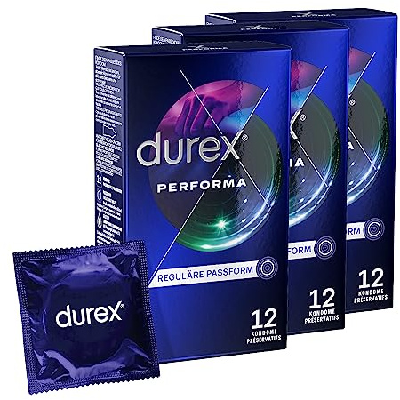 Durex Performa Kondome – Angenehmen Geruch, komfortablen Sitz und leichtes Abrollen – Mit 5% benzocainhaltigem Gel in der Kondomspitze – Befeuchtet & transparent – 36er Pack (3 x 12 Stück)