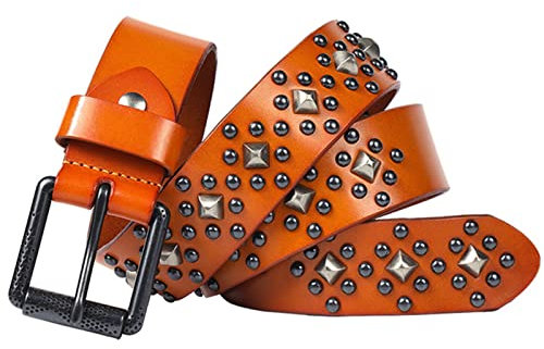 YOPADO Nietengürtel Punk Rock Gürtel Mit Hellen Pyramidennieten Und Nieten In Runder Anordnung Rindsleder Ledergürtel Für Gothic Kleidung(125cm/waist:42~44, Yellow)