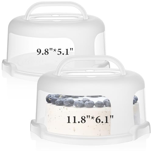 Baderke 2 Pcs Cake Carrier with Lid 10''/ 8'' Cake Holder Plastic Stand with Lid Handle Round Container Portable Carrier with Cover Boxes for Cupcake Pie Serving Transport(White)