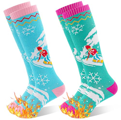 GRPSKCOS Kids Ski Socks, 2 Pairs Warm Thick Socks for Skiing 7-12 Years