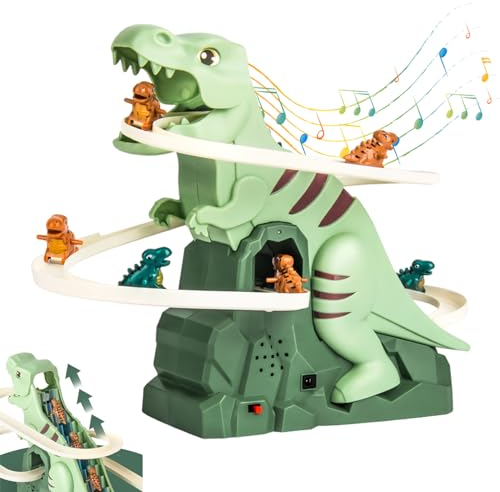 Recitem Dinosaurier Kletterspielzeug, Dino-Rutsche, elektrisches Treppensteigerspielzeug, Rennstrecken Spielset, Dinosaurier-Achterbahn-Spielzeug mit Licht und Musik, als Geschenk für Kinder