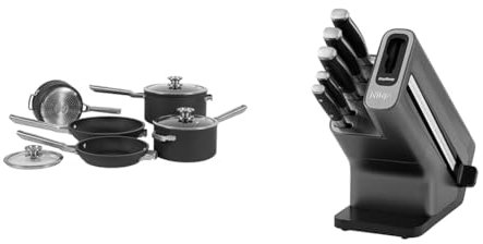 Ninja ZEROSTICK Stackable Cookware 5-Piece Pan Set, 3 Saucepans with Oven-Safe Glass Lids & 2 Frying Pans, Grey, C55000UK & Foodi StaySharp Knife Block with Integrated Sharpener, 5-Piece Knife Set