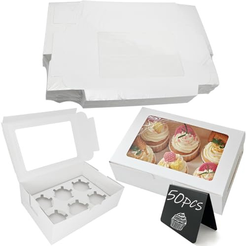 50 st. cupcakebox, 6 hål, muffinstransportlåda, kaklåda med visningsfönster, tårtlåda, cupcake-transportlåda med stort fönster, kaktransportlåda, idealisk tårtlåda för delikatesser