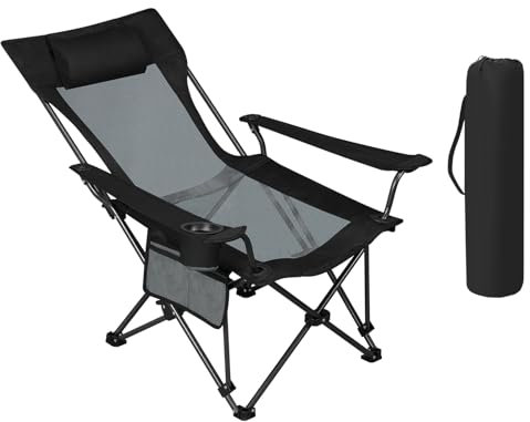 WOLTU Campingstuhl klappbar, Klappstuhl Faltstuhl Liegestuhl, verstellbare Rückenlehne, Angelstuhl faltbar Ultraleicht, mit Getränkehalter Seitentasche Tragetasche, Schwarz+Grau