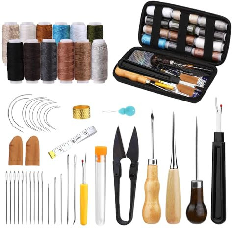 HIOQFR 49pcs Leder Nähset Profi Leder Nähen Werkzeuge Ledernadeln Hand Set Nähahle Leder Nähwerkzeuge Nadel und Faden Set Leather Sewing Kit NäHgarn Leder Nähnadeln für DIY Lederhandwerk Ledernähset