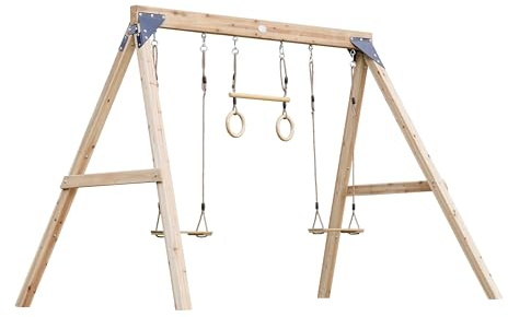 Axi Maya Balançoire Double en Bois Fsc Marron avec Trapèze - Portique Autoportant avec 2 Sièges - pour Enfants avec Trapèze - Garantie 10 Ans