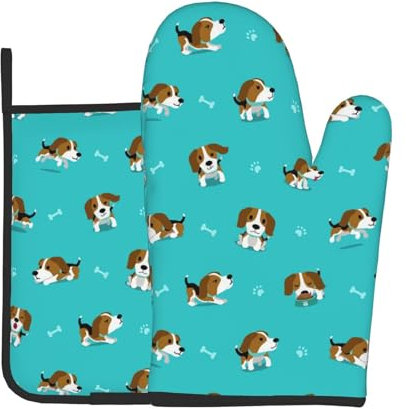 Ofenhandschuhe und Topflappen mit Cartoon-Hund, personalisierbar, bedruckt, sicher, hitzebeständig, rutschfest, für Küche und Kochen