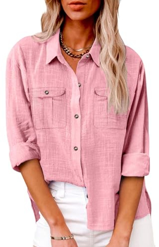Chemise Lin Femme 2024 Éte Chemisier Coton Et Lin Col V Boutons Décontractés Manches Longues Tops Couleur Unie Tunique Blouse