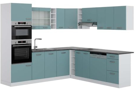 Vicco Eckküche R-Line, Blau-Grau/Weiß, 247 x 237 cm | 14 Module · Höhenverstellbare Füße · AP Anthrazit inkl. · Robuste Fronten · Mit Backofen-/Mikrowellenschrank