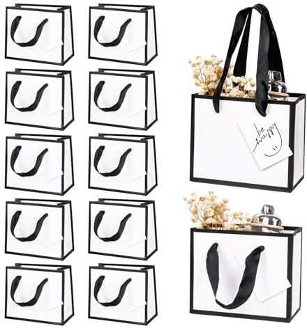 12 Stück Geschenktüten Klein mit Henkel, 12× 6× 10cm Weiß Papiertüten Geschenktüten mit Geschenkanhänger für Hochzeit, Geburtstag